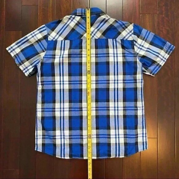 Dickie’s Button Front Shirt Short Sleeves Blue Grey White Plaid Boys Large - Picture 9 of 14